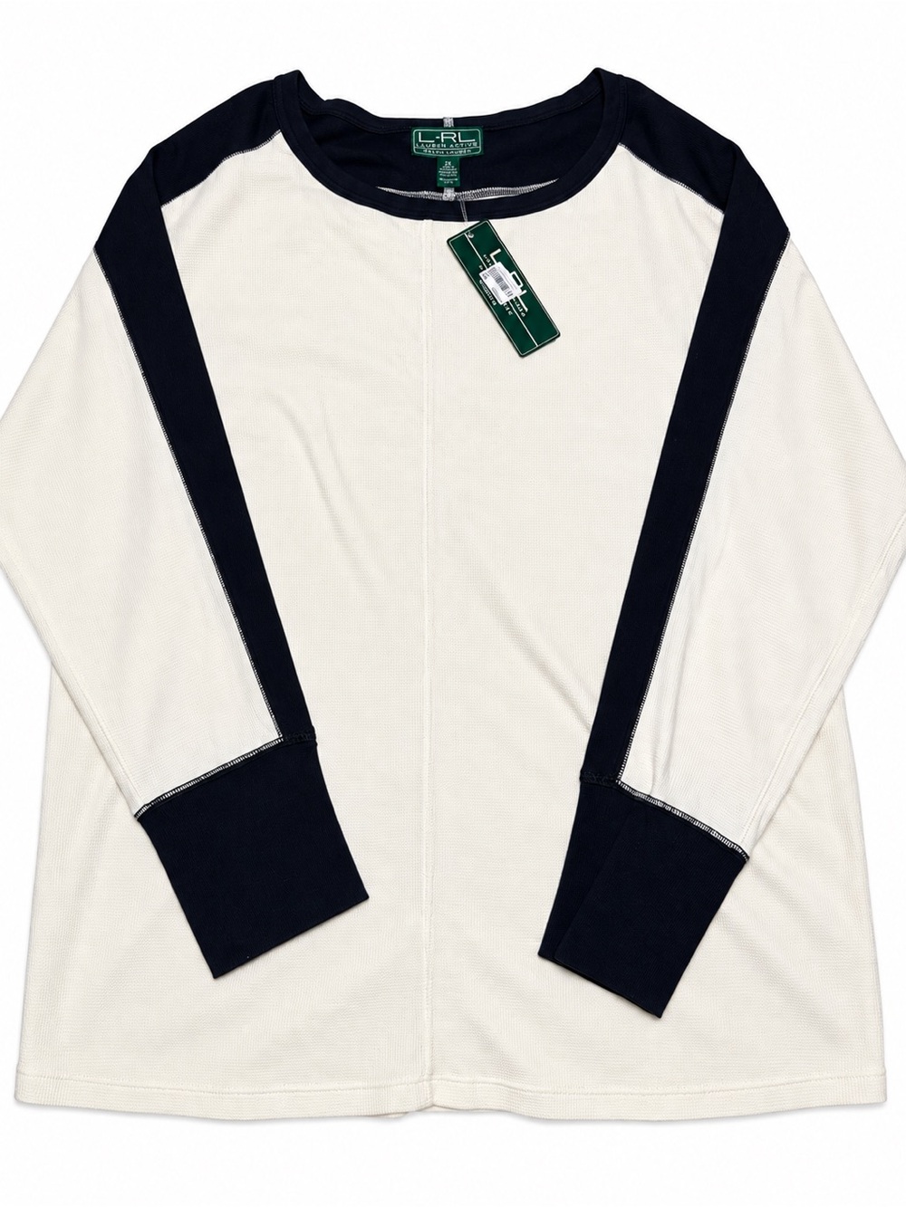 Lauren Ralph Lauren Active Women’s 2X Cream Navy Waffle Knit Long Sleeve Top NWT